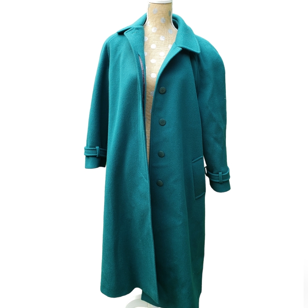 Vintage Union Made ILGWU wool Emerald green longline coat shoulder pads petite